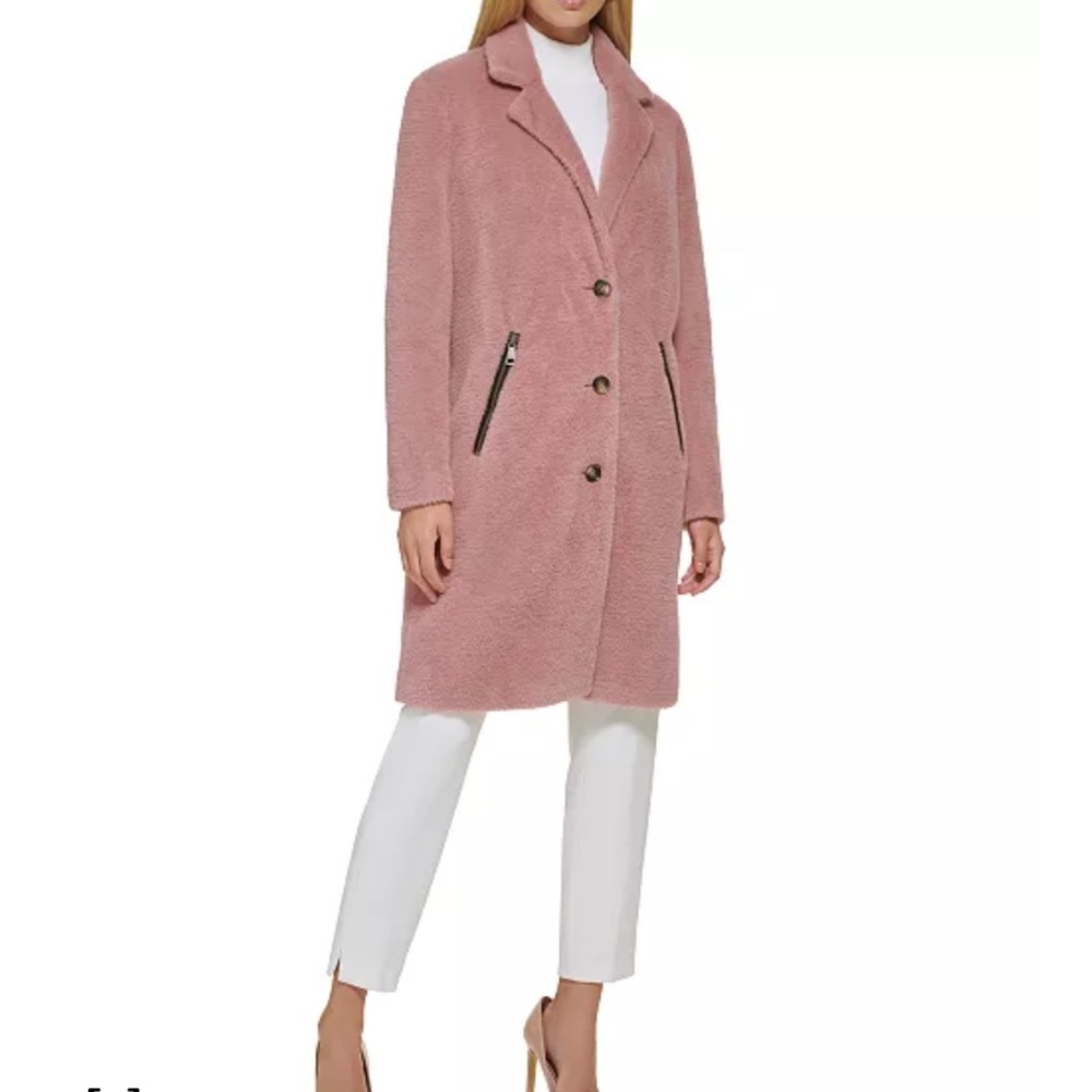 Like New DKNY Women Long Faux Fur Teddy Oversize Coat Size M Rosewood Mauve